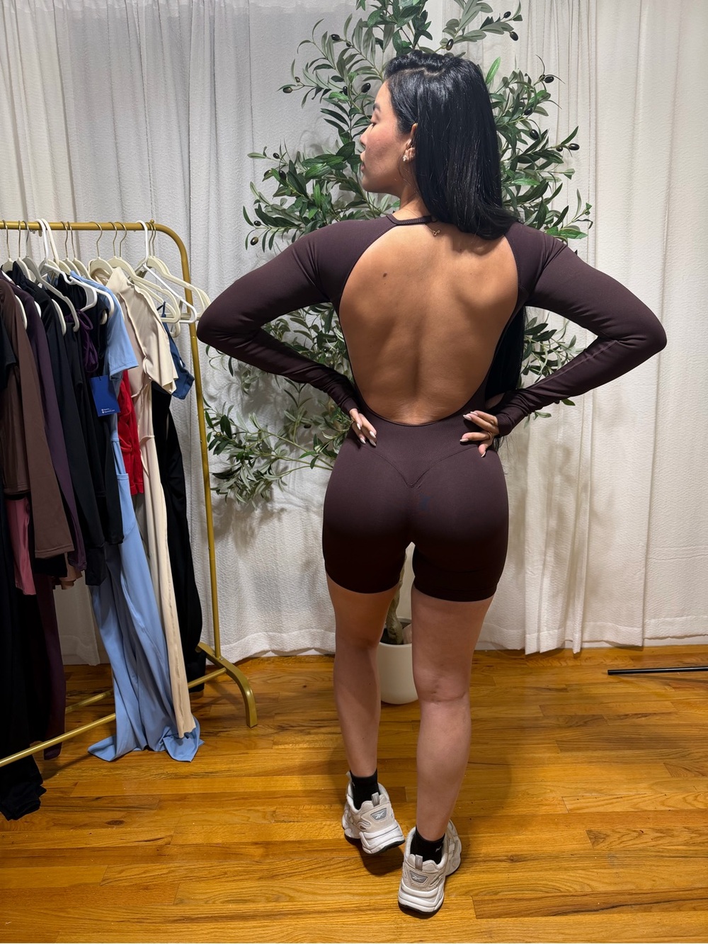 Open-Back Long-Sleeve Romper Dress in Chocolate Brown